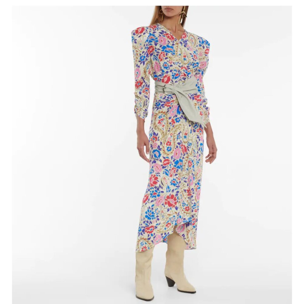 Isabel Marant Albini Ruched Floral Silk Crepe De Chine Midi Dress NEW - 34/XS/2 - Picture 2 of 4